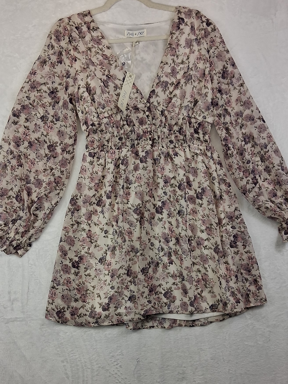 SHE+SKY Floral Babydoll Dress, V-Neckline, Button Accent Waist